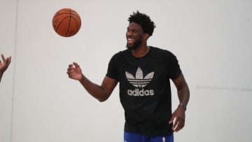 JOHANNESBURG, SOUTH AFRICA - AUGUST 1: Joel Embiid of the Philadelphia 76ers warms up during the Basketball Without Boarders Africa program at the American International School of Johannesburg on August 1, 2018 in Gauteng province of Johannesburg, South Africa. NOTE TO USER: User expressly acknowledges and agrees that, by downloading and or using this photograph, User is consenting to the terms and conditions of the Getty Images License Agreement. Mandatory Copyright Notice: Copyright 2018 NBAE (Photo by Joe Murphy/NBAE via Getty Images)