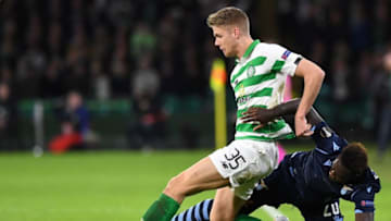 Celtic's Norwegian defender Kristoffer Ajer (L) vies iwth Lazio's Ecuadorian forward Felipe Caicedo during the UEFA Europa League group E football match between Celtic and Lazio at Celtic Park stadium in Glasgow, Scotland on October 24, 2019. (Photo by ANDY BUCHANAN / AFP) (Photo by ANDY BUCHANAN/AFP via Getty Images)