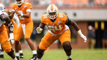 Oct 12, 2019; Knoxville, TN, USA; Tennessee Volunteers offensive lineman Wanya Morris (64) blocking during the second half of a game against the Mississippi State Bulldogs at Neyland Stadium. Mandatory Credit: Bryan Lynn-USA TODAY Sports
