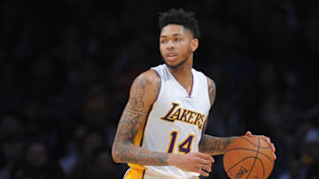 December 11, 2016; Los Angeles, CA, USA; Los Angeles Lakers forward Brandon Ingram (14) controls the ball against the New York Knicks during the first half at Staples Center. Mandatory Credit: Gary A. Vasquez-USA TODAY Sports