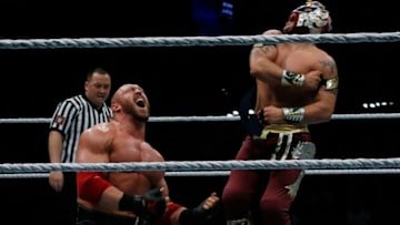 Wrestlers Ryback and Kalisto fight during a show at the AccorHotels Arena in Paris, as part of the WrestleMania Revenge Tour, the World Wrestling Entertainment (WWE) European tour, on April 22, 2016. / AFP / THOMAS SAMSON (Photo credit should read THOMAS SAMSON/AFP via Getty Images)