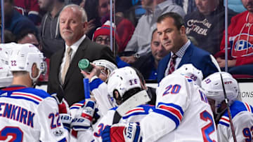 MONTREAL, QC - OCTOBER 28: Head coach of the New York Rangers Alain Vigneault gathers his players in the third period against the Montreal Canadiens during the NHL game at the Bell Centre on October 28, 2017 in Montreal, Quebec, Canada. The Montreal Canadiens defeated the New York Rangers 5-4. (Photo by Minas Panagiotakis/Getty Images)