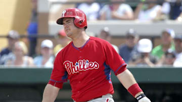 Mar 14, 2015; Lakeland, FL, USA; Philadelphia Phillies catcher Tommy Joseph (73) flies out to left to end the fourth inning of a spring training baseball game against the Detroit Tigers at Joker Marchant Stadium. Mandatory Credit: Reinhold Matay-USA TODAY Sports