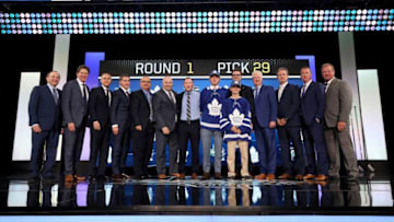 DALLAS, TX - JUNE 22: Rasmus Sandin poses after being selected twenty-ninth overall by the Toronto Maple Leafs during the first round of the 2018 NHL Draft at American Airlines Center on June 22, 2018 in Dallas, Texas. (Photo by Bruce Bennett/Getty Images)