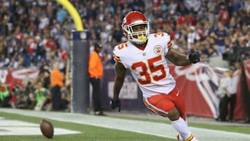 FOXBORO, MA - SEPTEMBER 07: Charcandrick West #35 of the Kansas City Chiefs celebrates scoring a touchdown during the fourth quarter against the New England Patriots at Gillette Stadium on September 7, 2017 in Foxboro, Massachusetts. (Photo by Maddie Meyer/Getty Images)