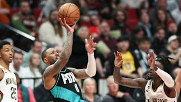 Damian Lillard, Portland Trail Blazers. Kira Lewis Jr. & Trey Murphy III, New Orleans Pelicans. (Photo by Amanda Loman/Getty Images)