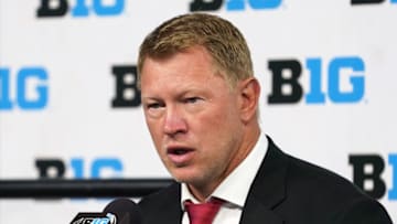 Jul 26, 2022; Indianapolis, IN, USA; Nebraska Cornhuskers head coach Scott Frost talks to the media during Big 10 football media days at Lucas Oil Stadium. Mandatory Credit: Robert Goddin-USA TODAY Sports