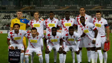 BORDEAUX, FRANCE - OCTOBER 22: Team players of FC Sion (L to R) Andris Vanins, Reto Ziegler, Edmilson Fernandes, Birama Ndoye, Leo Lacroix, Veroljub Salatic, Carlitos, Elisad Zverotic, Pa Modou Jagne, Ebenezer Assifuah and Moussa Konate before the Europa League game between FC Girondins de Bordeaux and FC Sion at Matmut Atlantique Stadium on October 22, 2015 in Bordeaux, France. (Photo by Romain Perrocheau/Getty Images)