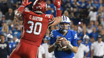 PROVO, UT - SEPTEMBER 9: Cody Barton #30 of the Utah Utes pressures quarterback Tanner Mangum #12 of the Brigham Young Cougars at LaVell Edwards Stadium on September 9, 2017 in Provo, Utah. (Photo by Gene Sweeney Jr/Getty Images)