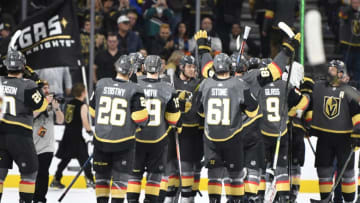 LAS VEGAS, NEVADA - DECEMBER 31: The Vegas Golden Knights celebrate after defeating the Anaheim Ducks at T-Mobile Arena on December 31, 2019 in Las Vegas, Nevada. (Photo by Jeff Bottari/NHLI via Getty Images)