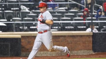 Apr 22, 2014; New York, NY, USA; St. Louis Cardinals first baseman Matt Adams (32) crosses the plate to score during the fourth inning against the New York Mets at Citi Field. Mandatory Credit: Anthony Gruppuso-USA TODAY Sports