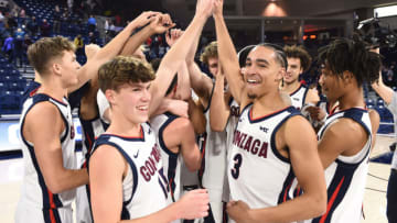 Nov 5, 2021; Spokane, WA, USA; Gonzaga Bulldogs huddle up after a game against the Lewis-Clark State Warriors at McCarthey Athletic Center. Bulldogs won 112-62. Mandatory Credit: James Snook-USA TODAY Sports