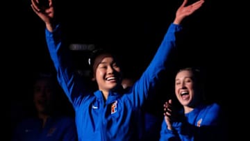 Florida's Leann Wong is introduced before the start of the gymnastic completion between Auburn. No. 5 Auburn visits No. 2 Florida in NCAA gymnastics Friday night, January 13, 2022 at the Exactech Arena at the Stephen C. O'Connell Center in Gainesville, FL. [Doug Engle/Gainesville Sun]2023Flgai 011523 Au Uf Gym