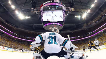 May 30, 2016; Pittsburgh, PA, USA; San Jose Sharks goalie Martin Jones (31) makes a save against Pittsburgh Penguins right wing Phil Kessel (81) in the second period of game one of the 2016 Stanley Cup Final at Consol Energy Center. Mandatory Credit: Bruce Bennett/Pool Photo via USA TODAY Sports