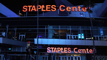Apr 16, 2020; Los Angeles, CA, USA: The Staples Center is illuminated in blue as part of the #LightItBlue campaign to salute front line health care workers amid the global coronavirus COVID-19 pandemic. Mandatory Credit: Kirby Lee-USA TODAY NETWORK