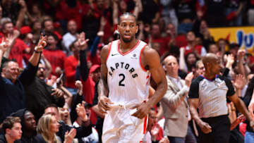 TORONTO, CANADA - MAY 19: Kawhi Leonard #2 of the Toronto Raptors looks on during a game against the Milwaukee Bucks during Game Three of the Eastern Conference Finals of the 2019 NBA Playoffs on May 19, 2019 at the Scotiabank Arena in Toronto, Ontario, Canada. NOTE TO USER: User expressly acknowledges and agrees that, by downloading and or using this Photograph, user is consenting to the terms and conditions of the Getty Images License Agreement. Mandatory Copyright Notice: Copyright 2019 NBAE (Photo by Jesse D. Garrabrant/NBAE via Getty Images)