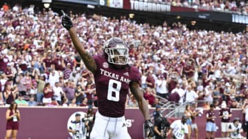 Sep 3, 2022; College Station, Texas, USA; Texas A&M Aggies wide receiver Yulkeith Brown (8) celebrates after his touchdown during the first quarter against the Sam Houston State Bearkats at Kyle Field. Mandatory Credit: Maria Lysaker-USA TODAY Sports