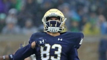 SOUTH BEND, IN - NOVEMBER 04: Chase Claypool #83 of the Notre Dame Fighting Irish celebrates a first down catch against the Wake Forest Demon Deacons at Notre Dame Stadium on November 4, 2017 in South Bend, Indiana. (Photo by Jonathan Daniel/Getty Images)