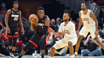 Victor Oladipo #4 of the Miami Heat runs a play as he is guarded by Darius Garland #10 of the Cleveland Cavaliers(Photo by Jason Miller/Getty Images)