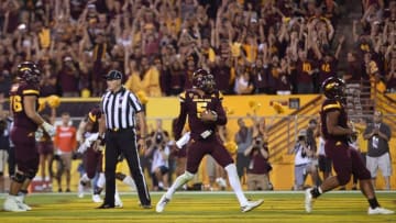 Sep 24, 2016; Tempe, AZ, USA; Arizona State Sun Devils quarterback Manny Wilkins (5) scores a touchdown against the California Golden Bears during the second half at Sun Devil Stadium. The Sun Devils won 51-41. Mandatory Credit: Joe Camporeale-USA TODAY Sports