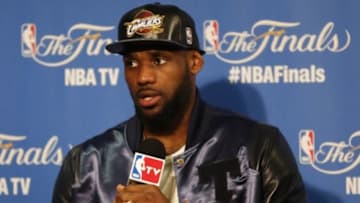 June 14, 2015; Oakland, CA, USA; Cleveland Cavaliers forward LeBron James speaks to media following the 104-91 loss against the Golden State Warriors in game five of the NBA Finals. at Oracle Arena. Mandatory Credit: Kelley L Cox-USA TODAY Sports