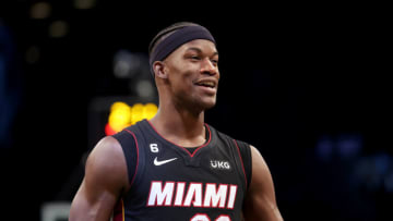 Miami Heat forward Jimmy Butler (22) reacts during the second quarter against the Brooklyn Nets(Brad Penner-USA TODAY Sports)