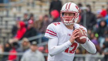 Nov 19, 2016; West Lafayette, IN, USA; Wisconsin Badgers quarterback Alex Hornibrook (12) looks to pass the ball in the second half of the game against the Purdue Boilermakers at Ross Ade Stadium. The Wisconsin Badgers beat the Purdue Boilermakers 49-20. Mandatory Credit: Trevor Ruszkowski-USA TODAY Sports