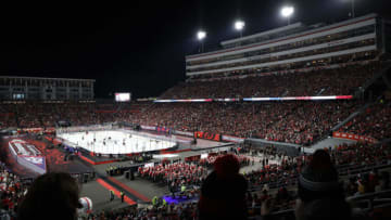 Feb 18, 2023; Raleigh, North Carolina, USA; A view of the game between the Washington Capitals and the Carolina Hurricanes in the third period during the 2023 Stadium Series ice hockey game at Carter-Finley Stadium. Mandatory Credit: Geoff Burke-USA TODAY Sports