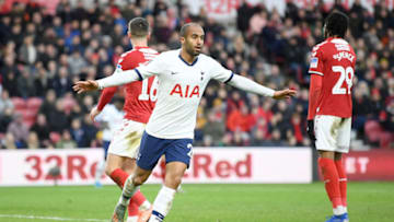 MIDDLESBROUGH, ENGLAND - JANUARY 05: Lucas Moura of Tottenham Hotspur celebrates after scoring his team's first goal during the FA Cup Third Round match between Middlesbrough and Tottenham Hotspur at Riverside Stadium on January 05, 2020 in Middlesbrough, England. (Photo by Michael Regan/Getty Images)