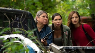 Burden of Truth -- "Desperate Measures" -- Image Number: BOT_Ep4_0013.jpg -- Pictured (L-R): Marsha Knight as Kookum, Sera-Lys McArthur as Kodie and Kristin Kreuk as Joanna Chang -- Photo: 2020 Cause One Productions Inc. and Cause One Manitoba Inc.