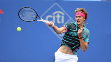 WASHINGTON, DC - AUGUST 03: Alexander Zverev of Germany returns a backhand shot to Kei Nishikori of Japan during Day Seven of the Citi Open at the Rock Creek Tennis Center on August 3, 2018 in Washington, DC. (Photo by Mitchell Layton/Getty Images)
