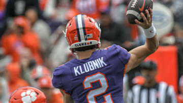 Apr 9, 2022; Clemson, South Carolina, USA; White squad quarterback Cade Klubnik (2) passes during the second quarter of the 2022 Orange vs White Spring Game at Memorial Stadium. Mandatory Credit: Ken Ruinard-USA TODAY Sports