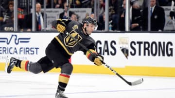 LAS VEGAS, NV - OCTOBER 17: Brad Hunt #77 of the Vegas Golden Knights hits the puck against the Buffalo Sabres at T-Mobile Arena on October 17, 2017 in Las Vegas, Nevada. (Photo by David Becker/NHLI via Getty Images)