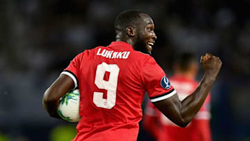 SKOPJE, MACEDONIA - AUGUST 08: Romelu Lukaku of Manchester United celebrates scoring his sides first goal during the UEFA Super Cup final between Real Madrid and Manchester United at the Philip II Arena on August 8, 2017 in Skopje, Macedonia. (Photo by Dan Mullan/Getty Images)