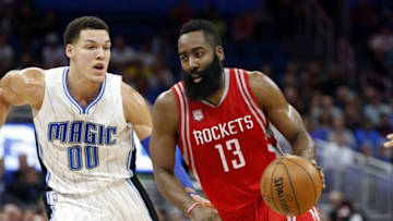 Jan 6, 2017; Orlando, FL, USA; Houston Rockets guard James Harden (13) drives to the basket as Orlando Magic forward Aaron Gordon (00) defends during the first quarter at Amway Center. Mandatory Credit: Kim Klement-USA TODAY Sports