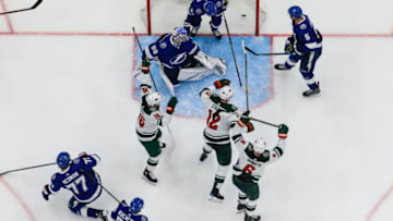 TAMPA, FL - MARCH 7: Goalie Andrei Vasilevskiy #88 and the Tampa Bay Lightning give up a goal against Jason Zucker #16 and the Minnesota Wild during the third period at Amalie Arena on March 7, 2019 in Tampa, Florida. (Photo by Scott Audette/NHLI via Getty Images)