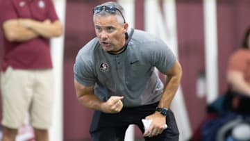 Florida State University football head coach Mike Norvell makes the rounds at his Big Man Camp held at FSU's indoor practice facility Wednesday, June 9, 2021.Fsu Big Man Camp 060921 Ts 051