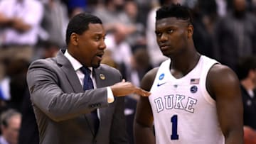 Duke basketball coach Nate James and Zion Williamson (Photo by Lance King/Getty Images)