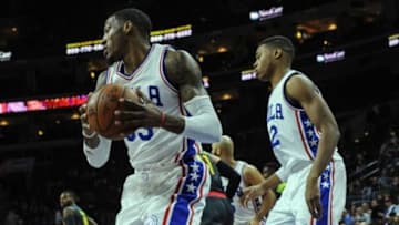 Jan 7, 2016; Philadelphia, PA, USA; Philadelphia 76ers forward Robert Covington (33) grabs a rebound during the fourth quarter of the game against the Atlanta Hawks at Wells Fargo Center. Atlanta won the game 126-98. Mandatory Credit: John Geliebter-USA TODAY Sports