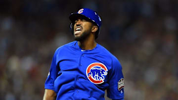 Nov 2, 2016; Cleveland, OH, USA; Chicago Cubs center fielder Dexter Fowler (24) celebrates after hitting a solo home run against the Cleveland Indians in the first inning in game seven of the 2016 World Series at Progressive Field. Mandatory Credit: Tommy Gilligan-USA TODAY Sports