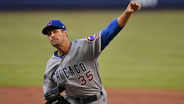 MIAMI, FL - APRIL 17: Cole Hamels #35 of the Chicago Cubs throws a pitch in the first inning against the Miami Marlins at Marlins Park on April 17, 2019 in Miami, Florida. (Photo by Mark Brown/Getty Images)