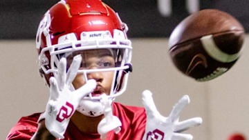 Receiver Jayden Gibson (1) catches a pass during the University of Oklahoma's first Spring football practice at the Everest Training Center in Norman, Okla. on Tuesday, March 22, 2022.Ou Spring Fb Practice