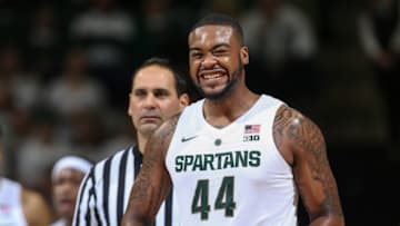EAST LANSING, MI - NOVEMBER 11: Nick Ward #44 of the Michigan State Spartans smiles during a game against the Florida Gulf Coast Eagles in the second half at Breslin Center on November 11, 2018 in East Lansing, Michigan. (Photo by Rey Del Rio/Getty Images)
