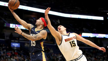 Jose Alvarado #15 of the New Orleans Pelicans shoots over Nikola Jokic #15 of the Denver Nuggets (Photo by Sean Gardner/Getty Images)