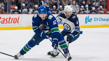 Nov 19, 2021; Vancouver, British Columbia, CAN; Winnipeg Jets defenseman Neal Pionk (4) watches Vancouver Canucks forward Bo Horvat (53) handle the puck in the third period at Rogers Arena. Canucks won 3-2. Mandatory Credit: Bob Frid-USA TODAY Sports