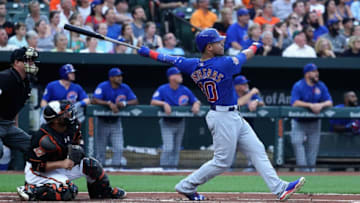 BALTIMORE, MD - JULY 14: Willson Contreras #40 of the Chicago Cubs follows his three RBI home run against the Baltimore Orioles in the first inning at Oriole Park at Camden Yards on July 14, 2017 in Baltimore, Maryland. (Photo by Rob Carr/Getty Images)