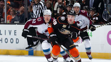 ANAHEIM, CA - MARCH 3: Devin Shore #29 of the Anaheim Ducks and Gabriel Landeskog #92 of the Colorado Avalanche race for the puck during the first period of the game at Honda Center on March 3, 2019 in Anaheim, California. (Photo by Foster Snell/NHLI via Getty Images) *** Local Caption ***
