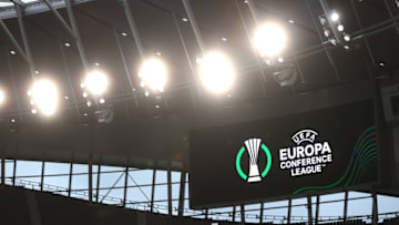 LONDON, ENGLAND - SEPTEMBER 30: A general view of the LED screen displaying UEFA Europa Conference League branding prior to the UEFA Europa Conference League group G match between Tottenham Hotspur and NS Mura at Tottenham Hotspur Stadium on September 30, 2021 in London, England. (Photo by Clive Rose/Getty Images)