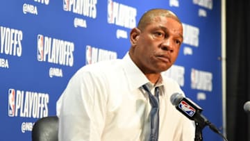 LOS ANGELES, CA - APRIL 21: Head Coach Doc Rivers of the LA Clippers talks at the press conference after Game Four of Round One of the 2019 NBA Playoffs against the Golden State Warriors on April 21, 2019 at STAPLES Center in Los Angeles, California. NOTE TO USER: User expressly acknowledges and agrees that, by downloading and/or using this Photograph, user is consenting to the terms and conditions of the Getty Images License Agreement. Mandatory Copyright Notice: Copyright 2019 NBAE (Photo by Andrew D. Bernstein/NBAE via Getty Images)