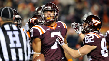 BLACKSBURG, VA - NOVEMBER 28: Tight end Bucky Hodges #7 of the Virginia Tech Hokies celebrates his touchdown after recovering a blocked punt with wide receiver Willie Byrn #82 against the Virginia Cavaliers in the first half at Lane Stadium on November 28, 2014 in Blacksburg, Virginia. (Photo by Michael Shroyer/Getty Images)